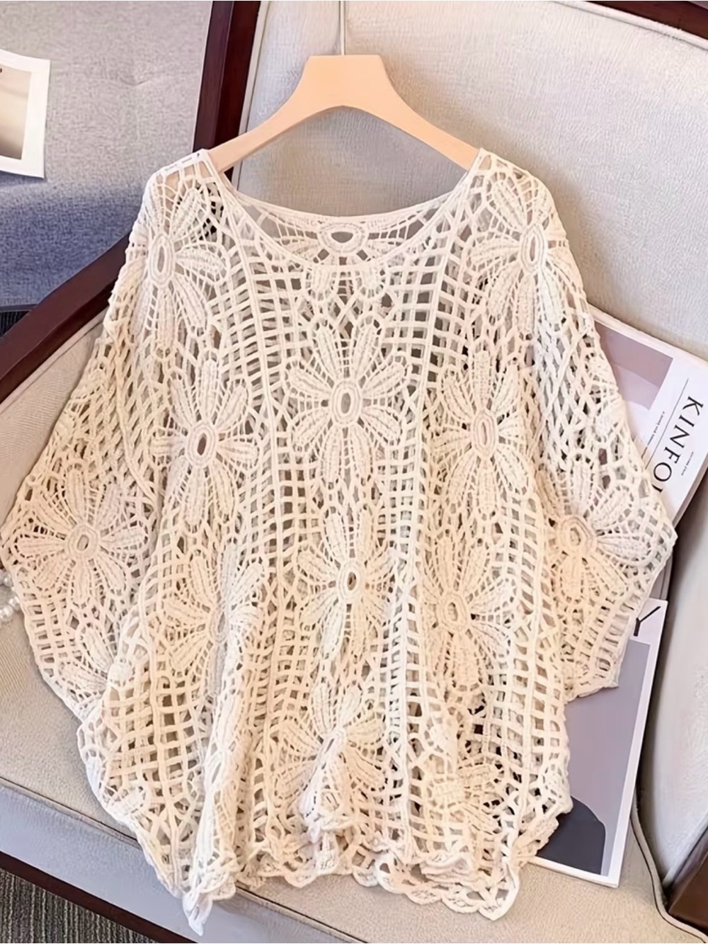 BN Crochet Floral OS Open-Knit Sweater Top — Cream/off wh short slv